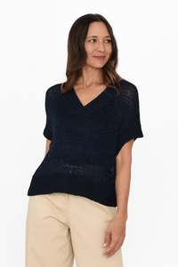 Basic Tees: Elba Navy Knit V Neck Top
