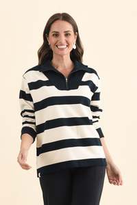 Basic Tops: Jade Navy Stripe Cotton Half Zip Sweatshirt