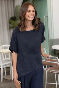 Basic Drape Tops: Chaya Navy Linen Top
