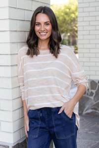 Basic Sleeved Tops: Berlin White Stripe Cotton Blend Knit Top