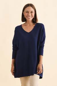 Basic Sleeved Tops: Piper Navy V Neck Knit Jumper
