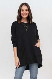 Basic Sleeved Tops: Helsinki Black Knit Pocket Jumper
