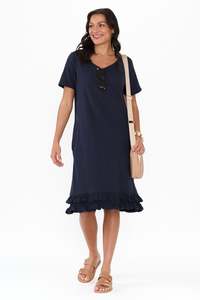 Basic Dresses: Aaliyah Navy Cotton Frill Dress