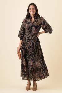 Maxi Dresses: Wanderlust Dark Tropique Cotton Silk Pearl Dress