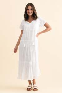 Nona White Crinkle Cotton Maxi Dress
