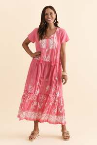Nona Pink Flower Crinkle Cotton Maxi Dress