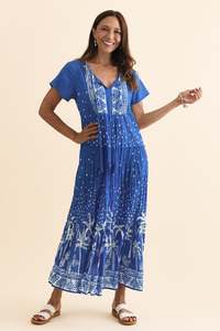 Nona Cobalt Palm Crinkle Cotton Maxi Dress