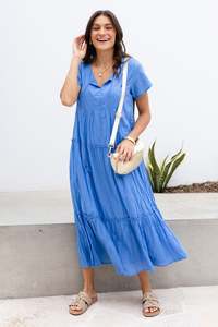 Maxi Dresses: Nona Blue Crinkle Cotton Maxi Dress
