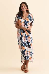 Miranda Navy Garden Cold Shoulder Kaftan