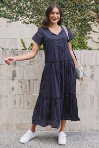 Maxi Dresses: Nona Navy Crinkle Cotton Maxi Dress