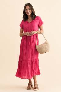 Nona Fuchsia Crinkle Cotton Maxi Dress