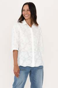 Thea White Flower Embroidered Cotton Shirt