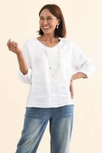 White Clothing: Ziola White Linen Cotton Sleeved Top