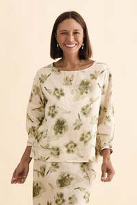 White Clothing: Saloma Cream Floral Linen Scoop Neck Top