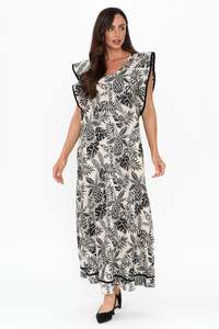 Adorne: Whitney Black Leaf Linen Maxi Dress