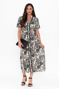 Adorne: Essadora Black Leaf Linen Dress
