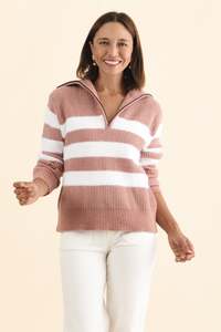 Gracie Pink Stripe Half Zip Knit Jumper