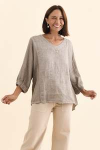 La Strada: Ziola Taupe Linen Cotton Sleeved Top
