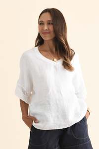 La Strada: Corina White Linen V Neck Top