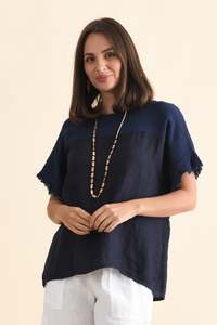 La Strada: Remo Navy Linen Frayed Top