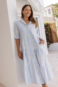La Strada: Heidi Blue Floral Embroidered Cotton Dress