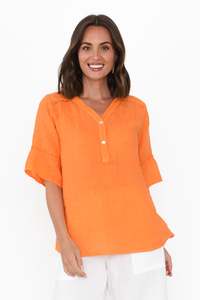 La Strada: Gemma Orange Linen Button Top