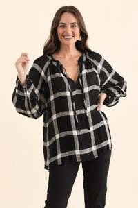 Black Clothing: Sussana Black Check Linen Tie Top