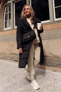 Black Clothing: Shawl Black Tie Puffer Coat