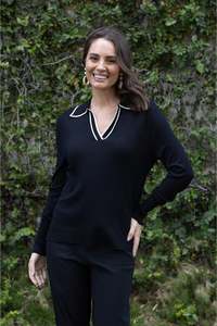 Black Clothing: Makenna Black Collared Knit Top