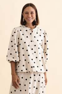 Spot Edit: Teya Beige Spot Linen Puff Sleeve Blouse