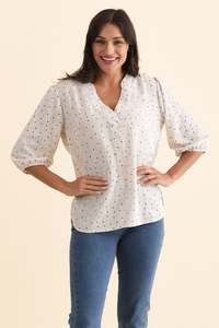 Carmin Beige Spot Linen Blend Top