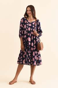Irene Navy Spot Cotton Blend Dress
