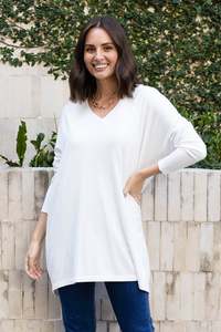 Tops Sleeved1: Piper White V Neck Knit Jumper