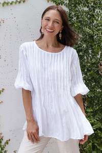 Tops Sleeved1: Selma White Crinkle Cotton Top