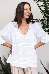 Palmer White Cotton Long Sleeve Top