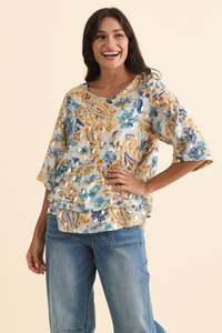 Teacher Outfits: Liora Blue Paisley Foil Layered Top