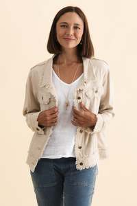 Teacher Outfits: Oakley Beige Linen Frayed Jacket