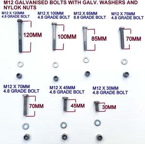 Stainless Steel Pins Jockeywheel U Bolts: BOLTS- 'M12 X GALVANIZED BOLT WITH GALVANIZED WASHERS & NYLOCK NUTS.