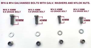 BOLTS- 'M16 OR M14 X GALVANIZED BOLT WITH GALVANIZED WASHERS & NYLOCK NUTS.