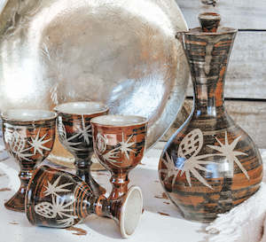 Vintage Pottery Decanter & Cups