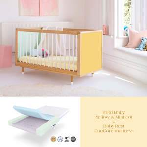 Cots & Toddler Beds: Bold Baby Yellow and Mint + DuoCore Mattress Bundle