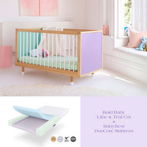Cots & Toddler Beds: Bold Baby Lilac and Teal Cot + DuoCore Mattress Bundle