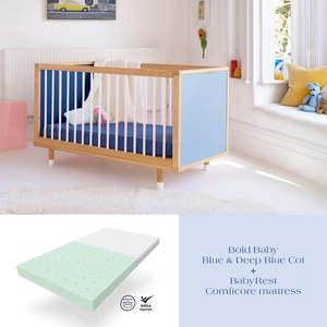 Bold Baby Blue and Deep Blue Cot + ComfiCore Mattress Bundle