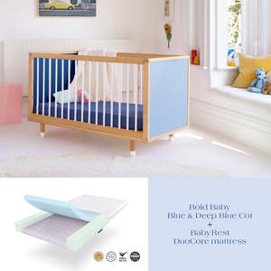Bold Baby Blue and Deep Blue Cot + DuoCore Mattress Bundle