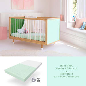 Bold Baby Green and Mint Cot + ComfiCore Mattress Bundle