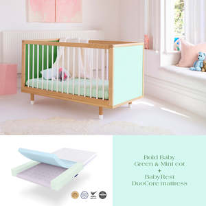 Bold Baby Green and Mint Cot + DuoCore Mattress Bundle