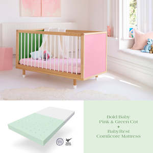 Bold Baby Pink and Green Cot + ComfiCore Mattress Bundle