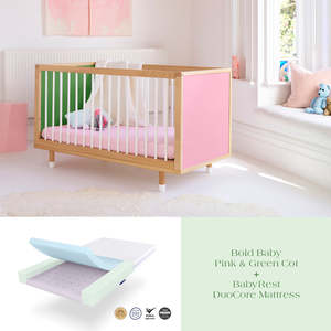 Bold Baby Pink and Green Cot + DuoCore Mattress Bundle