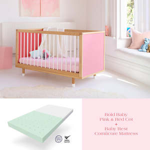 Cots & Toddler Beds: Bold Baby Pink and Red Cot + ComfiCore Mattress Bundle