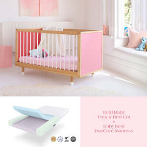 Cots & Toddler Beds: Bold Baby Pink and Red Cot + DuoCore Mattress Bundle